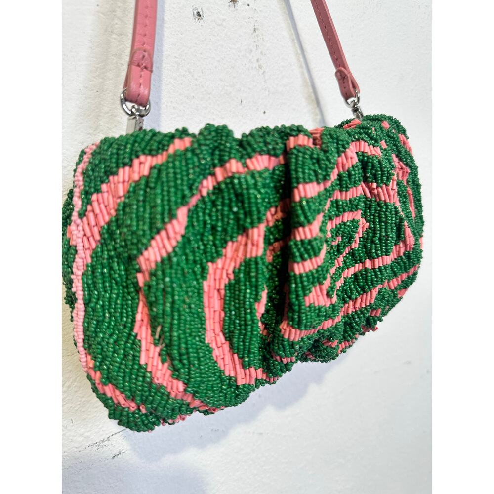 STAUD Pink Green Swirl Psychedelic Beaded Patterned Bean Convertible Bag Purse - Picture 5 of 11